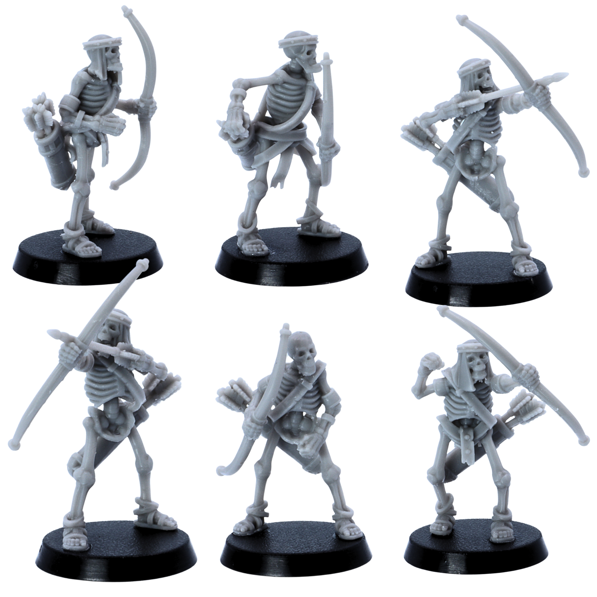 Front views of unpainted Egyptian Skeleton Bowmen resin miniatures with bows, arrows, quivers, curved blades, and round bases.