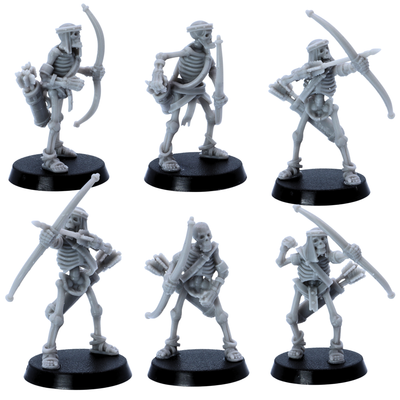 Front views of unpainted Egyptian Skeleton Bowmen resin miniatures with bows, arrows, quivers, curved blades, and round bases.
