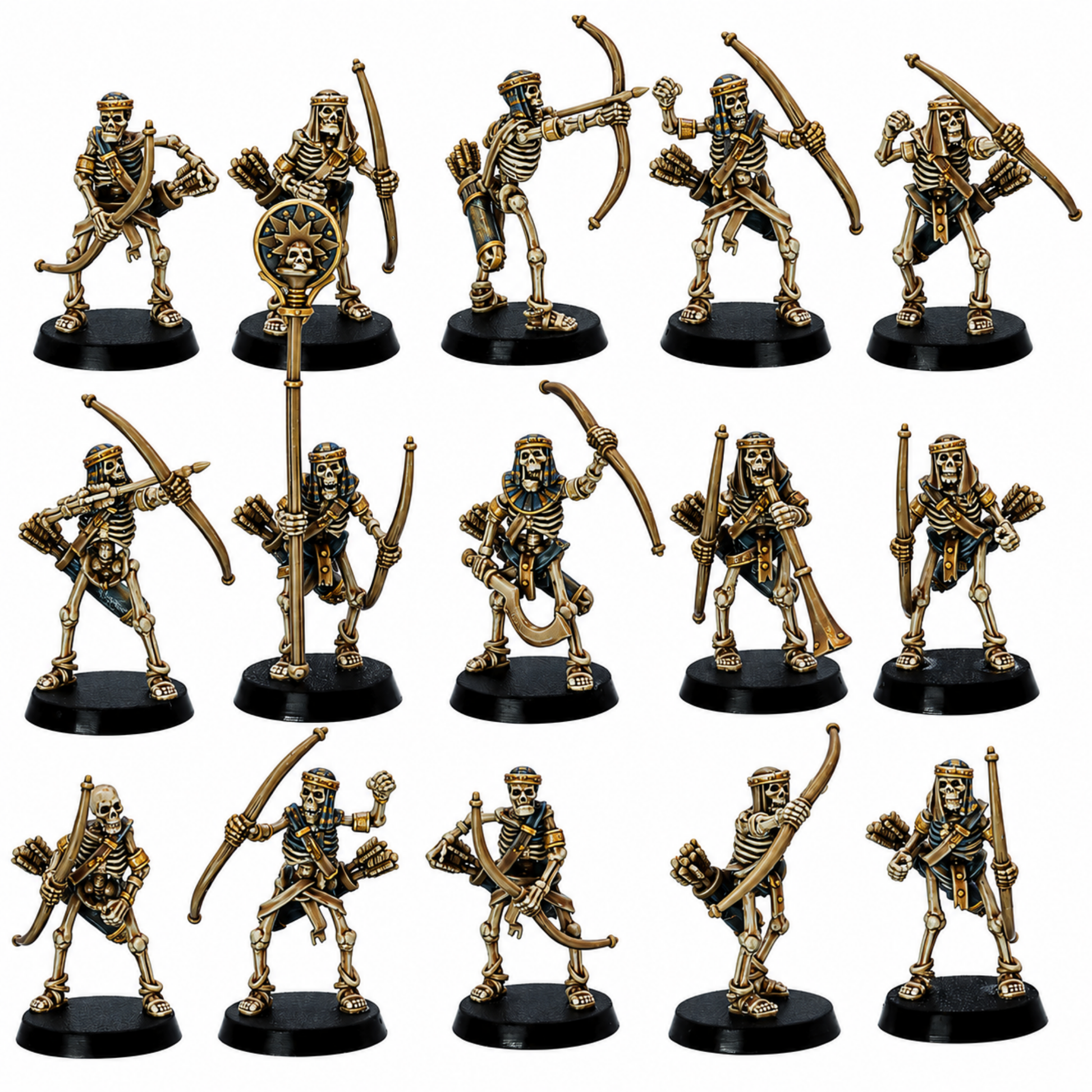 Painted example of 15 Egyptian Skeleton Bowmen fantasy miniatures by Highlands Miniatures with bows, quivers, command group, and 25mm round bases.