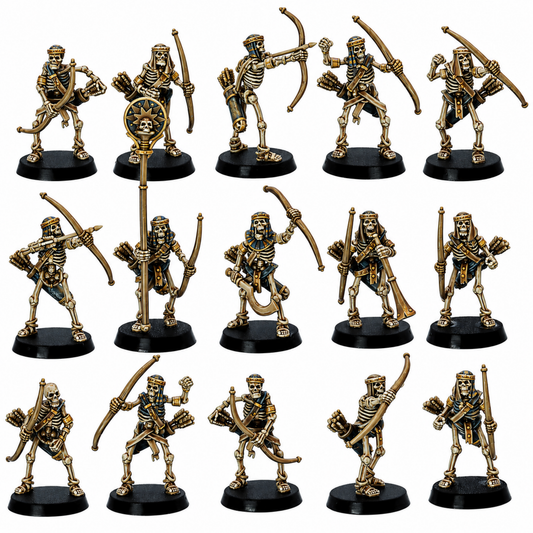 Painted example of 15 Egyptian Skeleton Bowmen fantasy miniatures by Highlands Miniatures with bows, quivers, command group, and 25mm round bases.