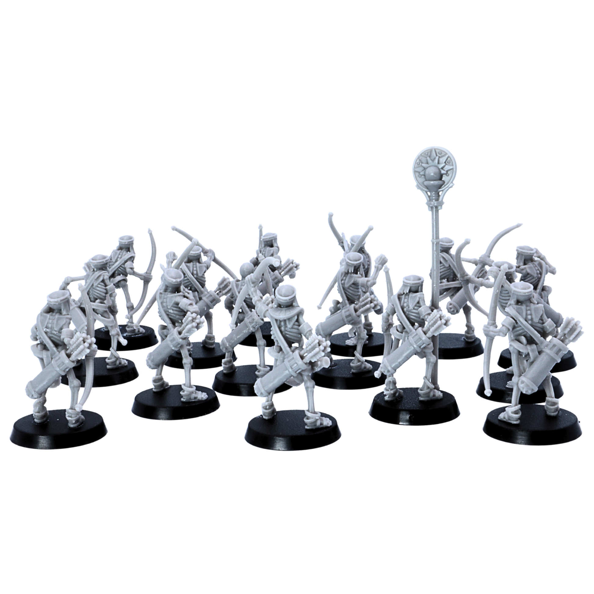 Ranked display of unpainted Egyptian Skeleton Bowmen miniatures by Highlands Miniatures arranged as an undead archer unit.
