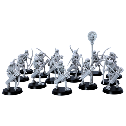 Ranked display of unpainted Egyptian Skeleton Bowmen miniatures by Highlands Miniatures arranged as an undead archer unit.