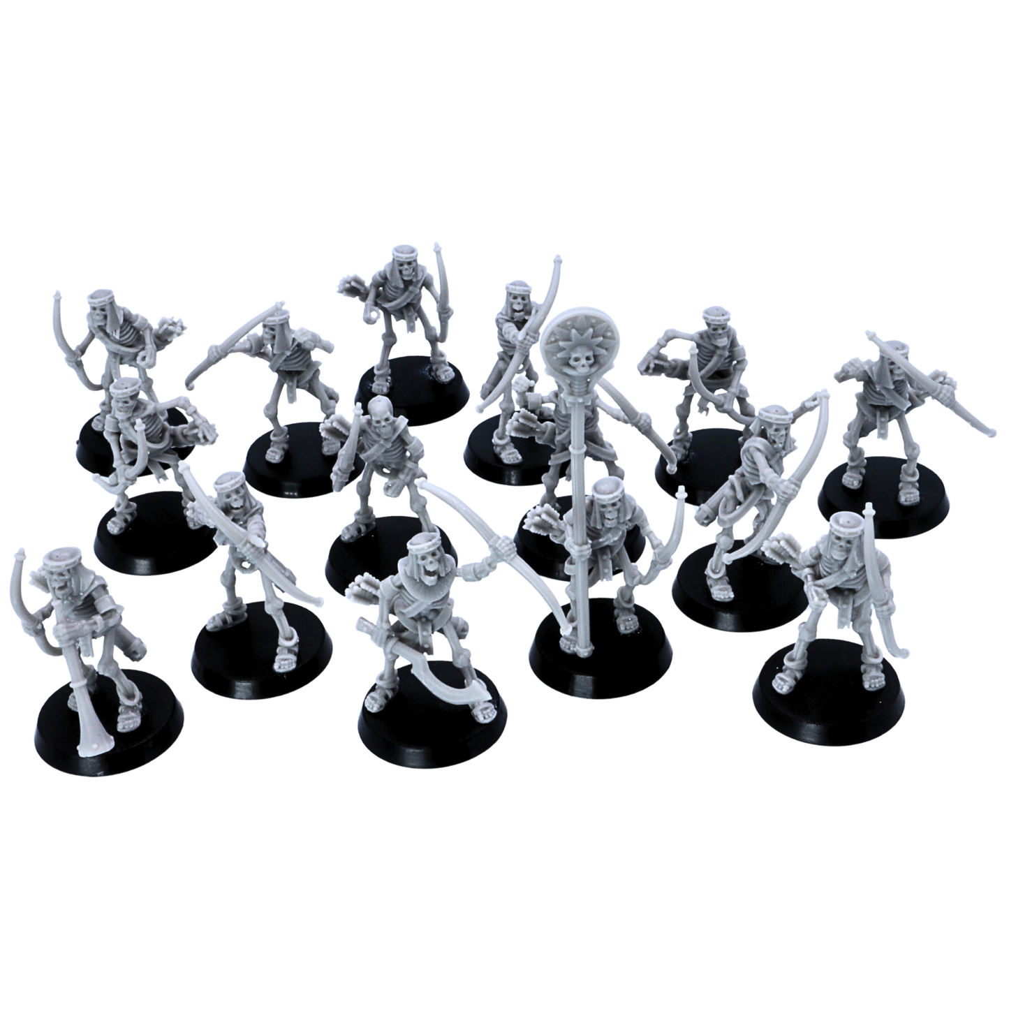 Rear views of unpainted Egyptian Skeleton Bowmen miniatures showing quivers, bows, skeletal armour, command banner, and round bases.
