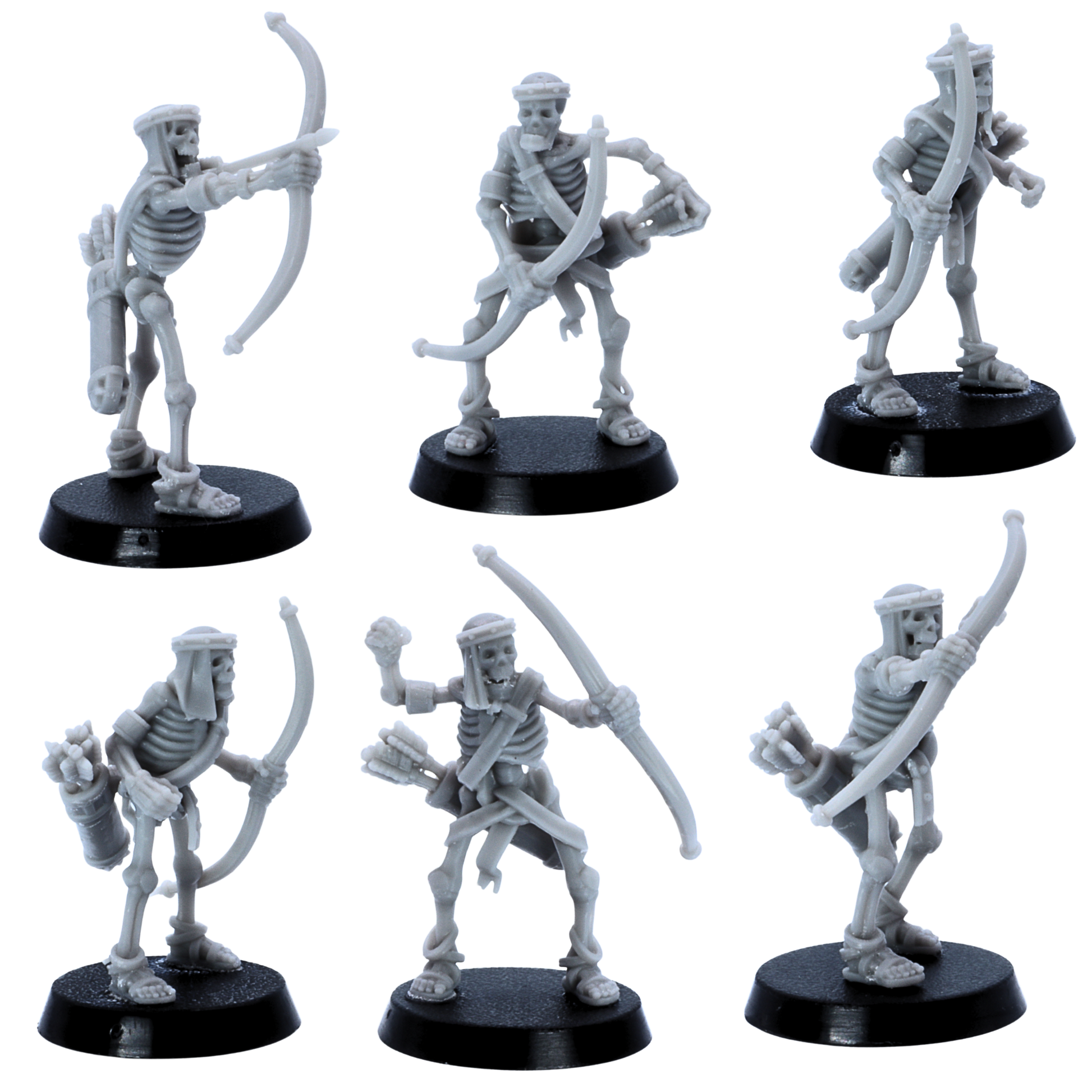 Side views of unpainted Egyptian Skeleton Bowmen miniatures showing skeletal bodies, bows, quivers, headdresses, and 25mm round bases.
