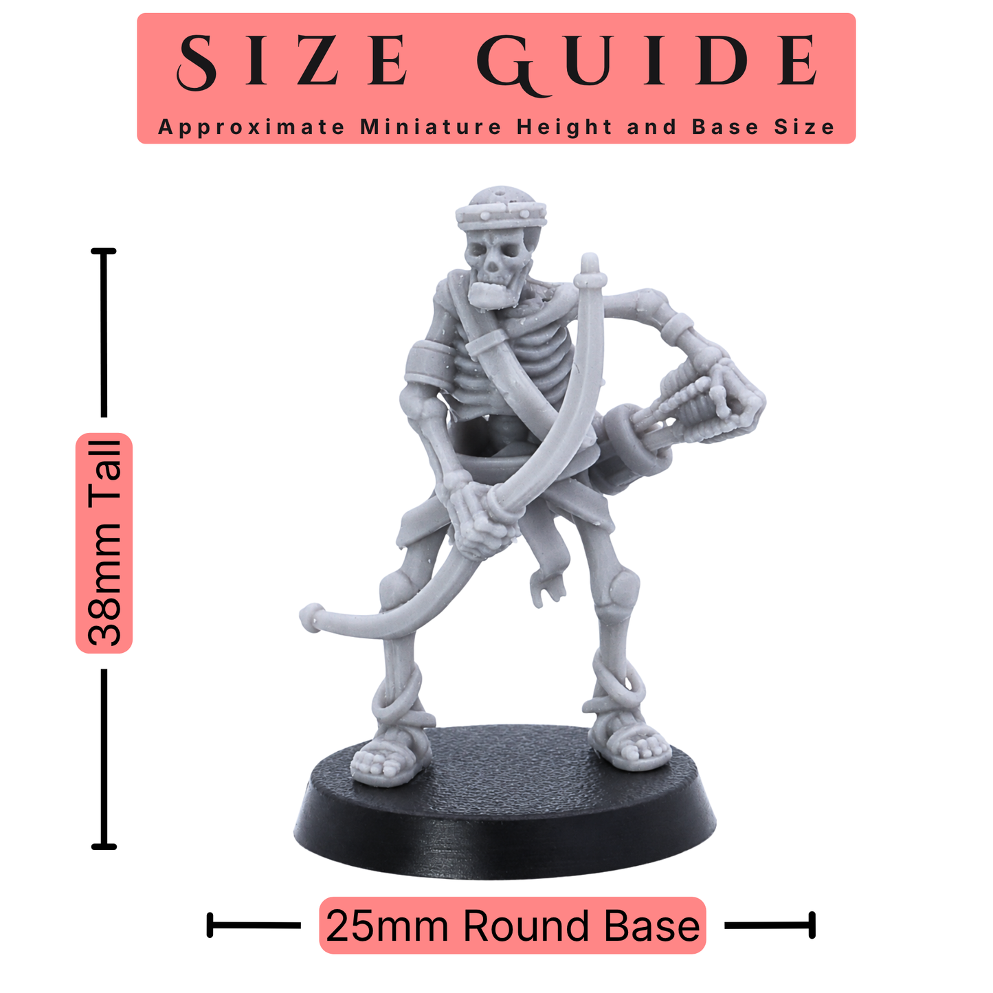 Size guide for a 32mm scale Egyptian Skeleton Bowman miniature showing 38mm height and 25mm round base.
