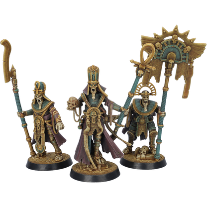 Painted Egyptian Skeleton Characters set by Highlands Miniatures featuring three ancient undead commanders with ceremonial staffs and banner.