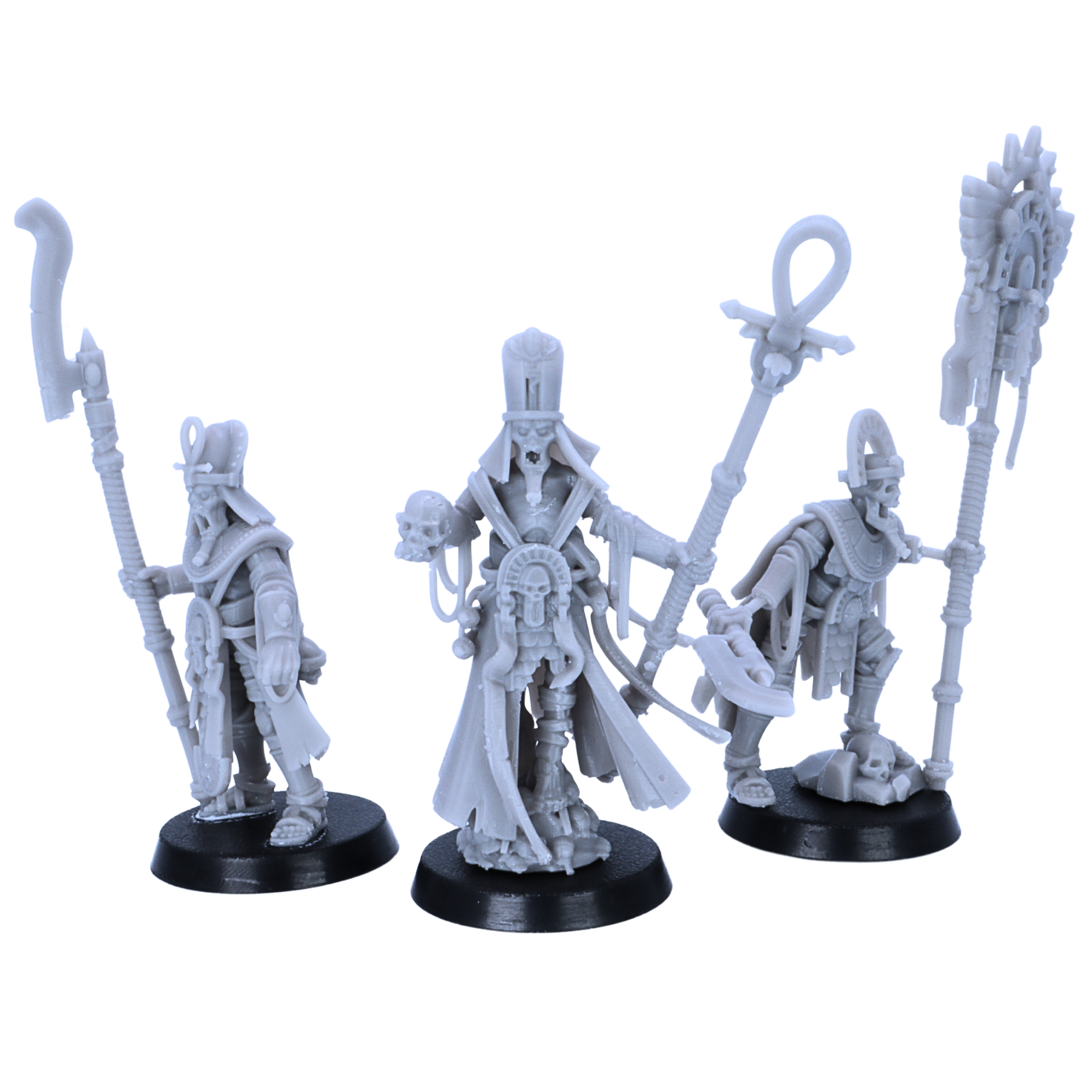 Multiple-angle display of the Egyptian Skeleton Prince, Priest and Army Banner Bearer miniatures.