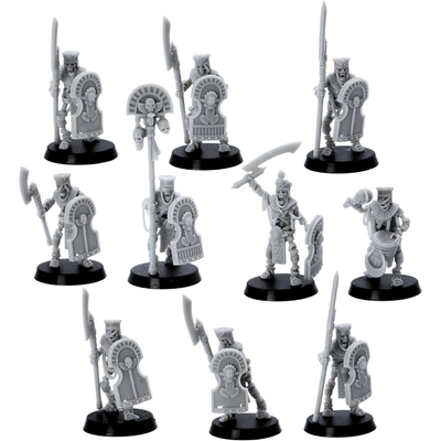 Front view of Egyptian Skeleton Kings Guard miniatures with ornate shields, polearms, banner and drummer.
