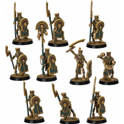 Painted Egyptian Skeleton Kings Guard set by Highlands Miniatures featuring 10 undead royal guards with shields, polearms and command models.