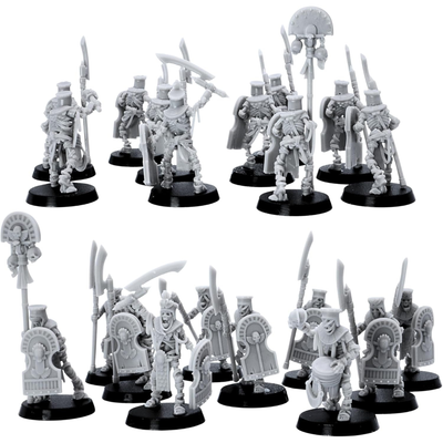 Rear view of the Egyptian Skeleton Kings Guard showing skeletal bodies, equipment and shields.
