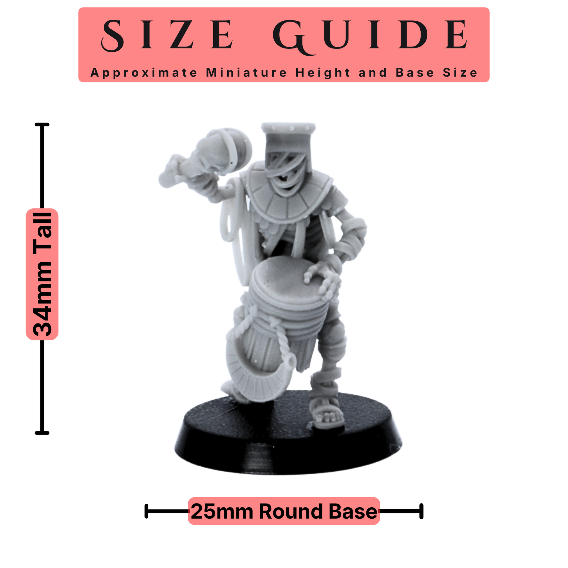 Egyptian Skeleton Kings Guard drummer shown at 32mm scale with a 25mm round base size guide.