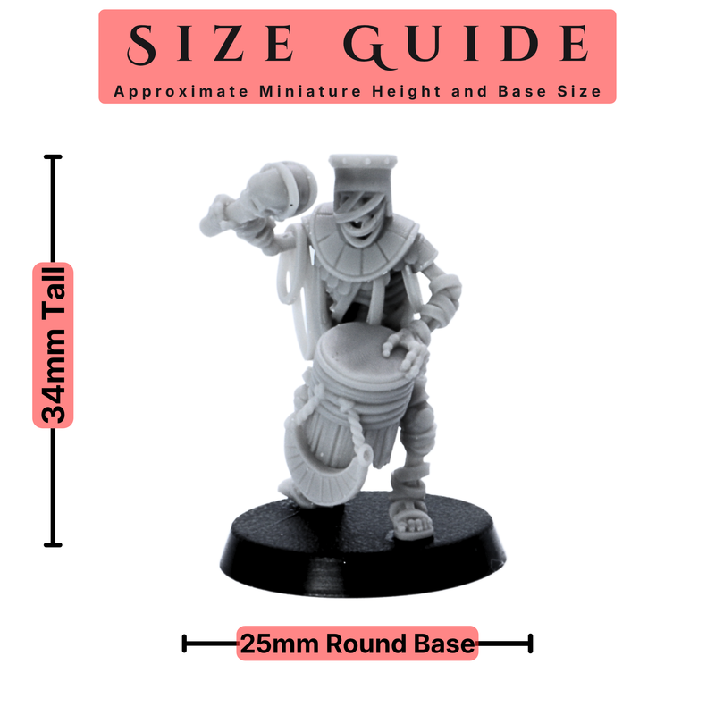 Egyptian Skeleton Kings Guard drummer shown at 32mm scale with a 25mm round base size guide.
