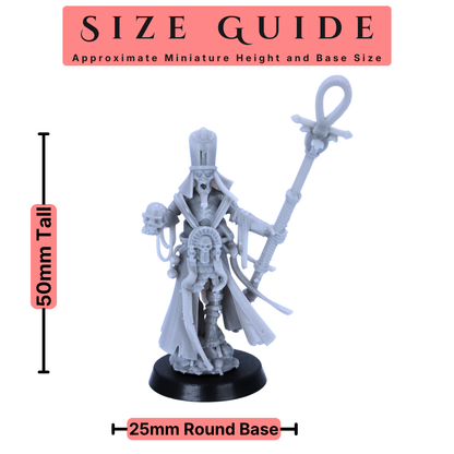 Egyptian Skeleton Priest miniature shown at 32mm scale with a 25mm round base size guide.