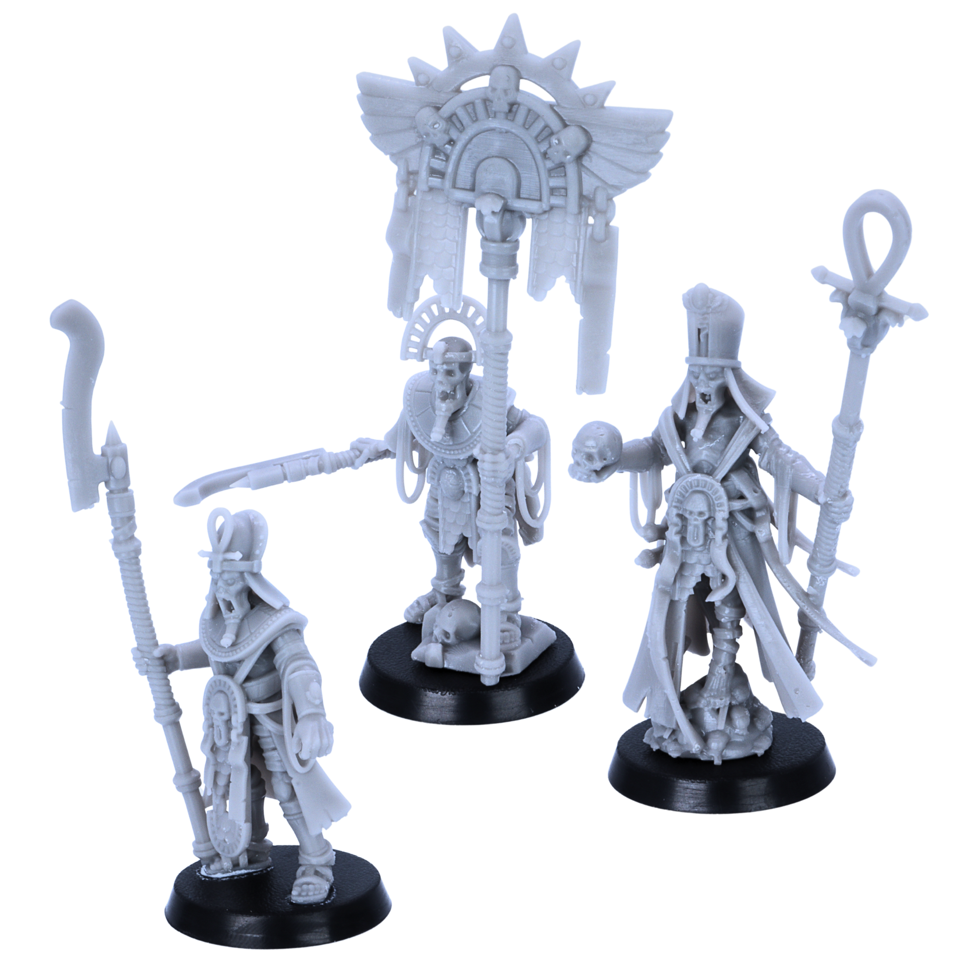 Ancient undead character trio with skeletal Prince, Priest and Army Banner Bearer on round bases.