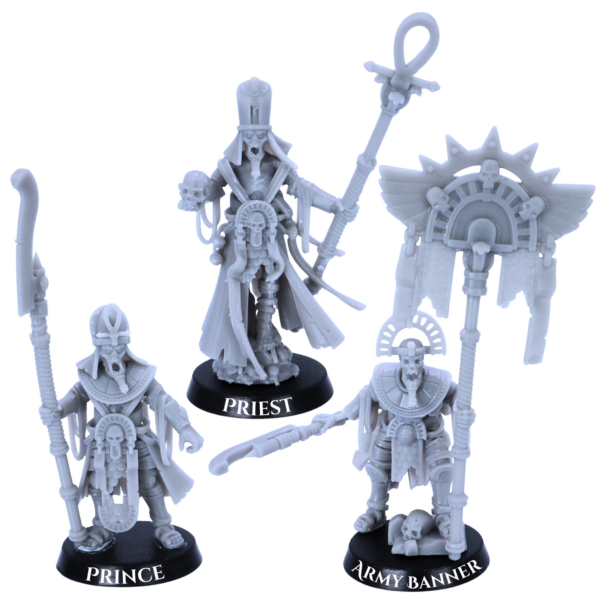 Three Egyptian Skeleton character miniatures including Prince, Priest and Army Banner Bearer.