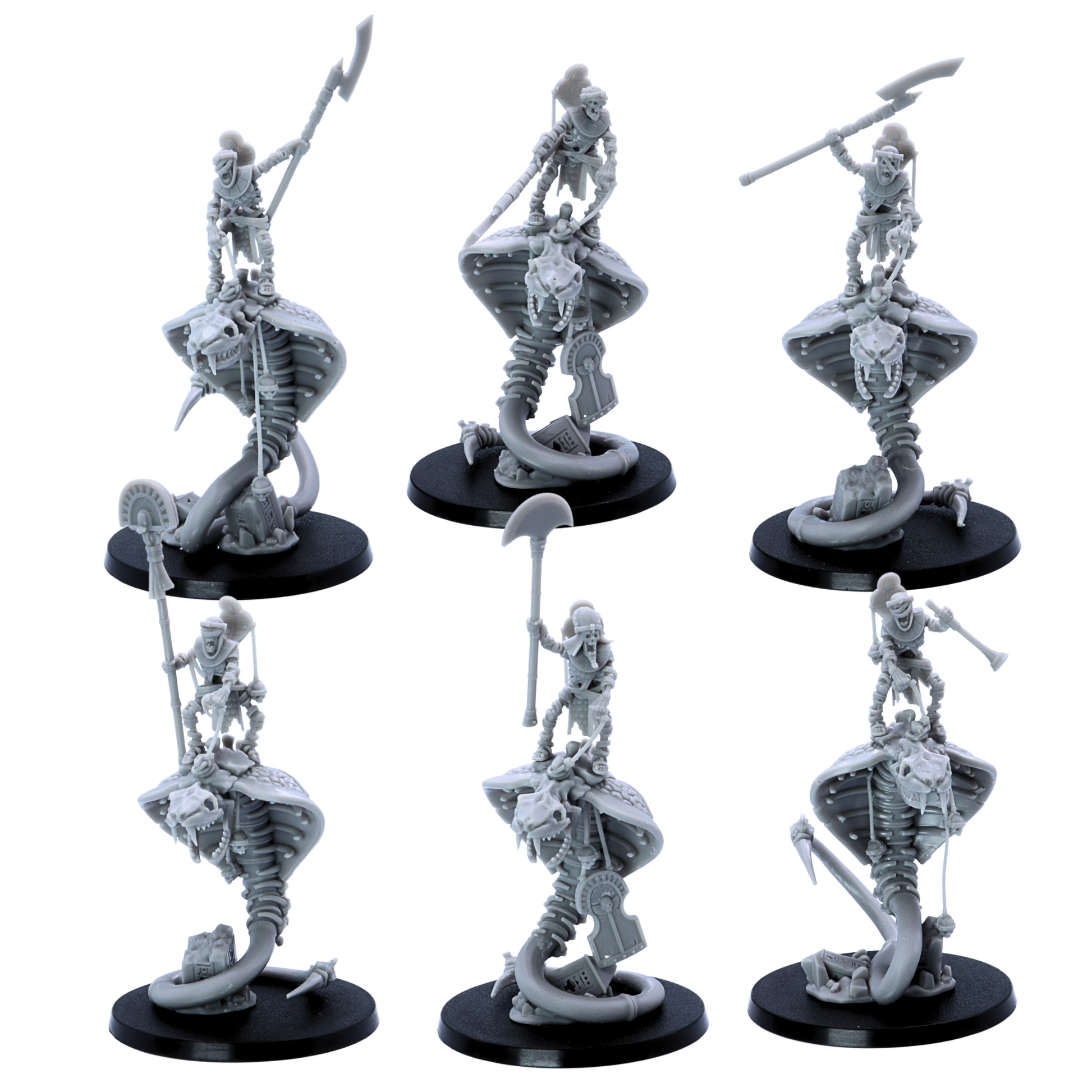 Egyptian Snake Riders command variants featuring a banner bearer, horn blower and weapon-bearing skeletal riders.