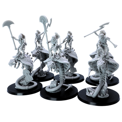 Front group view of six Egyptian Snake Rider miniatures with skeletal serpent mounts and polearm-equipped riders.