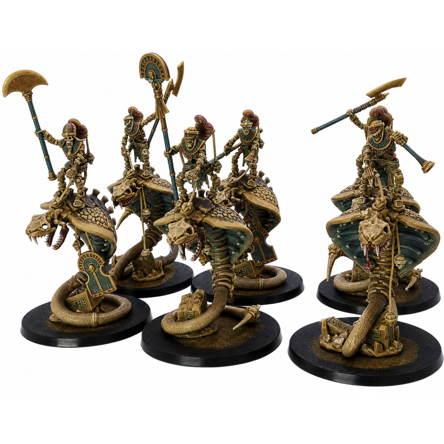 Painted Egyptian Snake Riders set by Highlands Miniatures featuring six undead skeletal riders mounted on giant serpents.