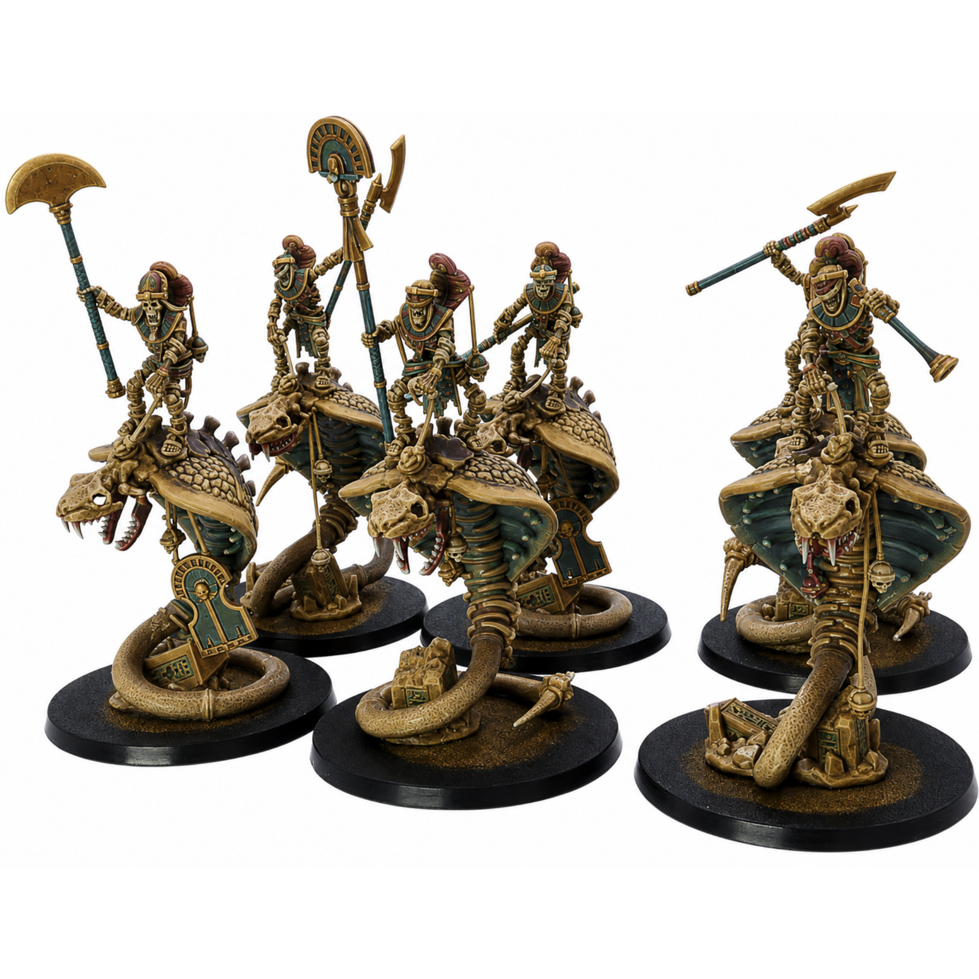 Painted Egyptian Snake Riders set by Highlands Miniatures featuring six undead skeletal riders mounted on giant serpents.