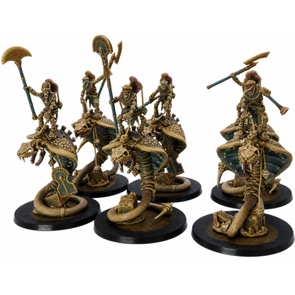 Painted Egyptian Snake Riders set by Highlands Miniatures featuring six undead skeletal riders mounted on giant serpents.