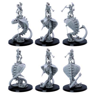 Rear views of undead serpent cavalry showing skeletal spines, scaled backs and rider equipment.