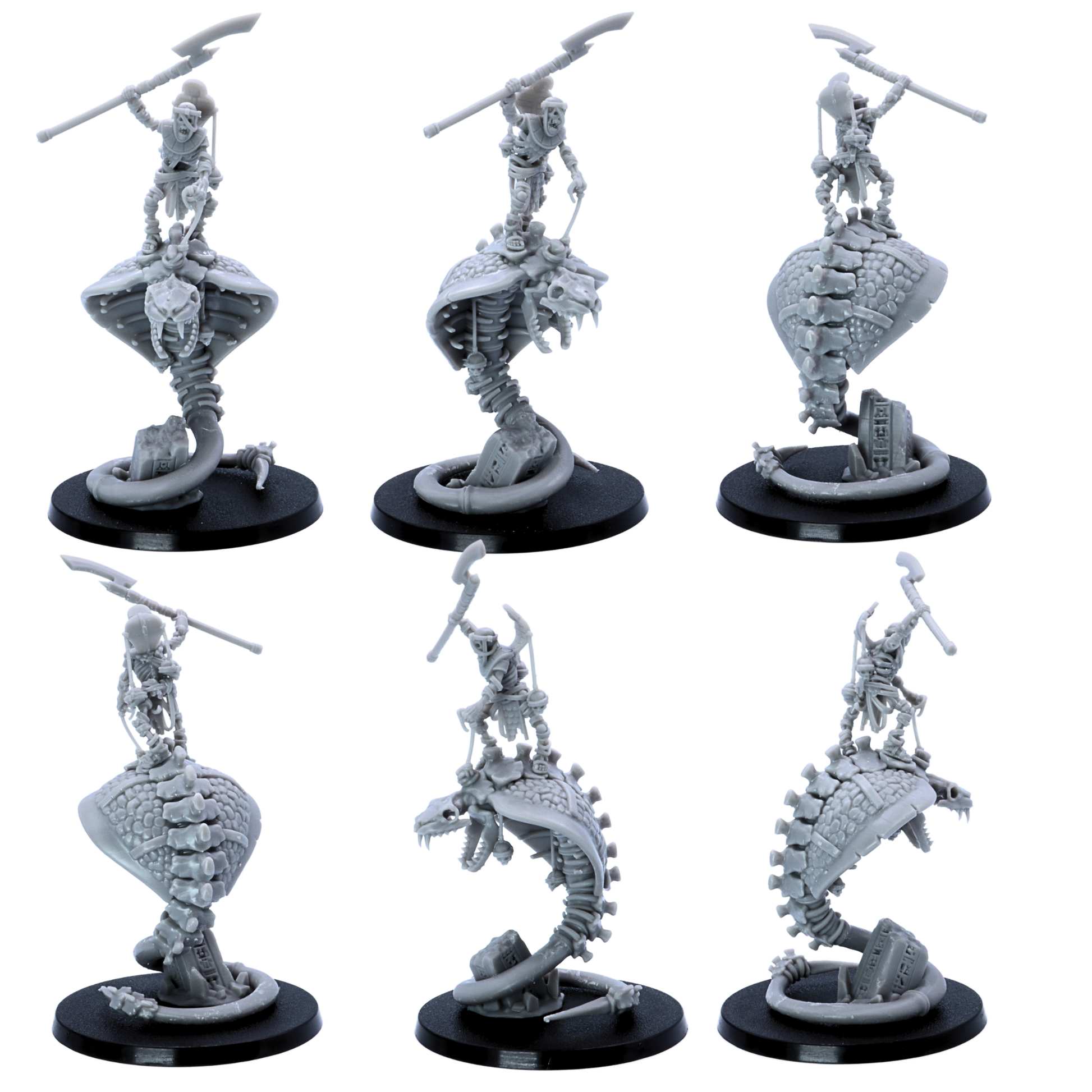 Close views of undead serpent mounts showing skull heads, exposed ribs, scales and tomb-themed details.
