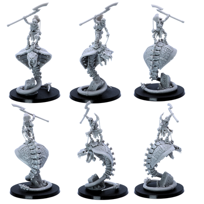 Close views of undead serpent mounts showing skull heads, exposed ribs, scales and tomb-themed details.