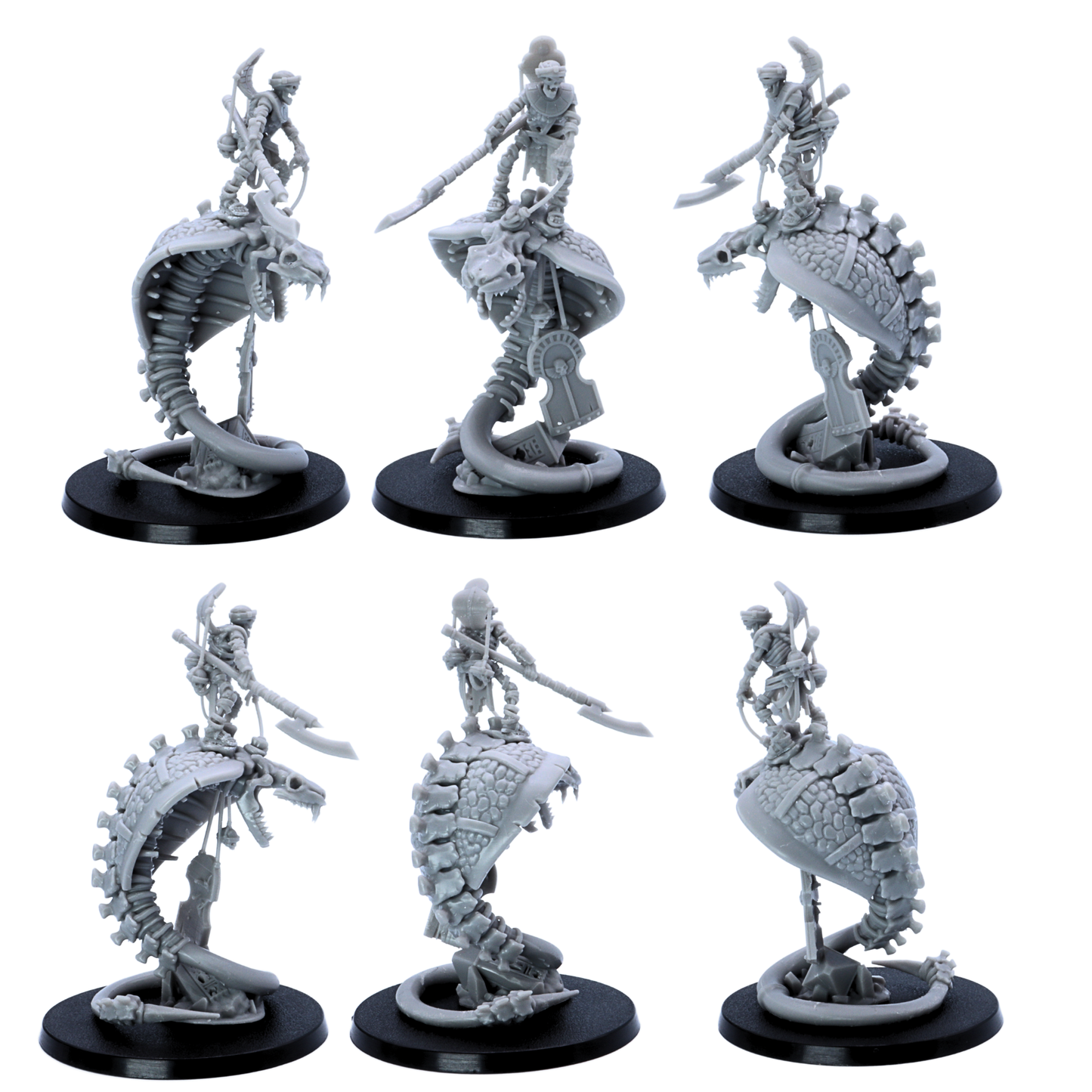Side views of Egyptian Snake Rider miniatures showing curved skeletal serpent bodies and elevated riders.