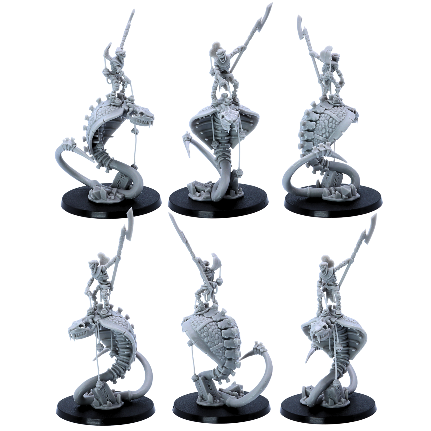 Full Egyptian Snake Riders unit display featuring six undead cavalry models on 50mm round bases.