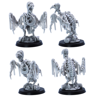 Unpainted Egyptian Vulture miniature shown from multiple angles with skeletal body, wrapped head, talons, and scenic base details.