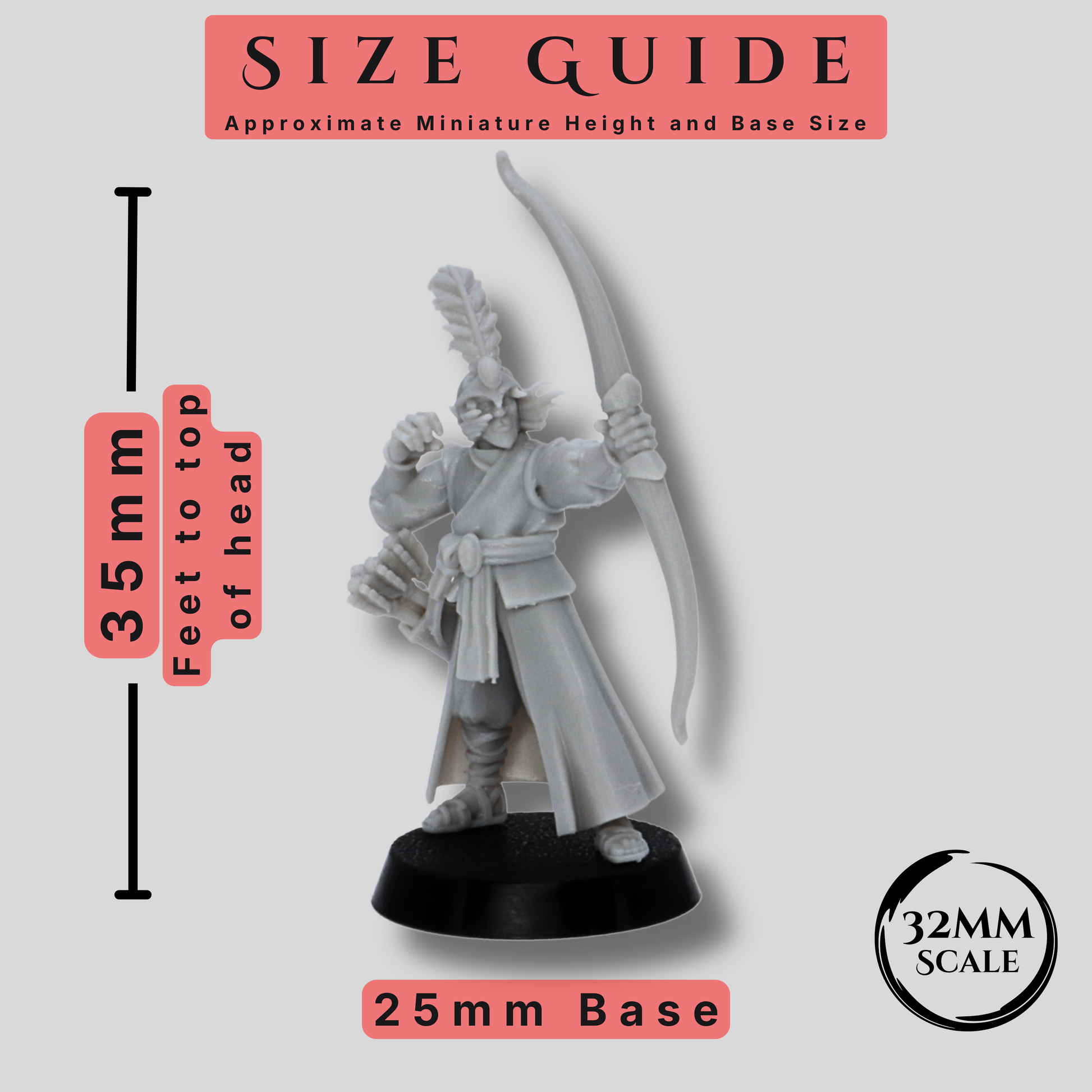 Size guide for Elf Archer miniature showing approximately 35mm height from feet to top of head and 25mm round base.