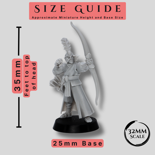 Size guide for Elf Archer miniature showing approximately 35mm height from feet to top of head and 25mm round base.