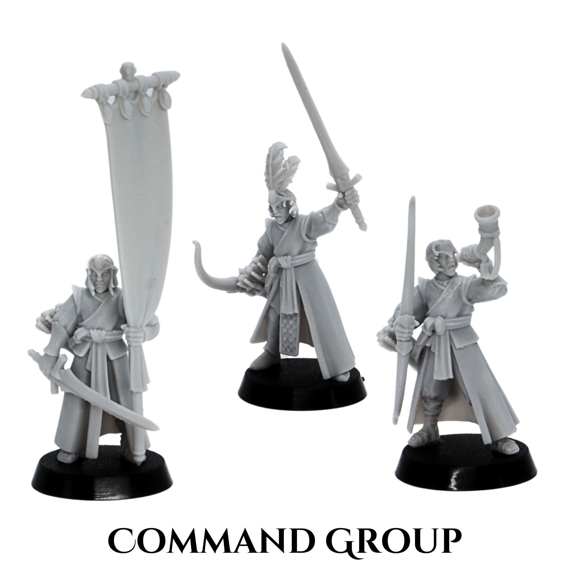 Unpainted Elf Archers command group with banner bearer, sword leader, and horn blower miniatures.