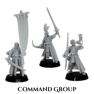 Unpainted Elf Archers command group with banner bearer, sword leader, and horn blower miniatures.
