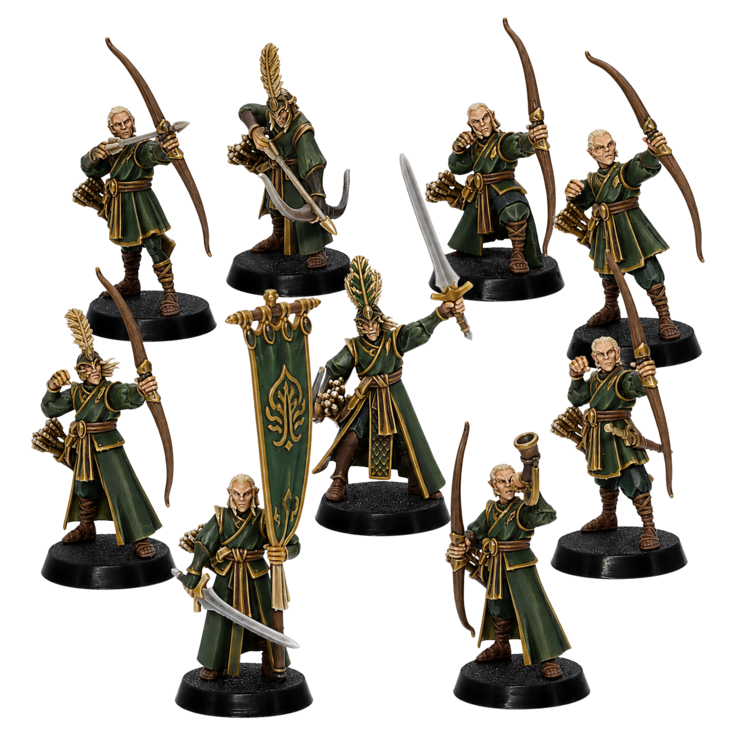 Painted Elf Archers set by Epic Miniatures showing nine fantasy elven bowmen and command figures on round bases.