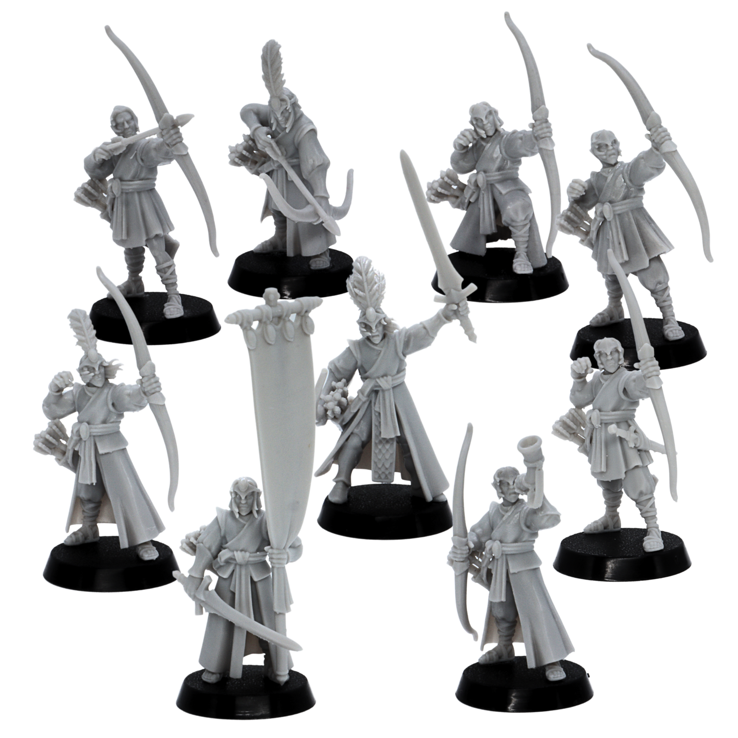 Front view of unpainted Elf Archers miniatures showing longbows, quivers, robes, swords, and feathered helm details.