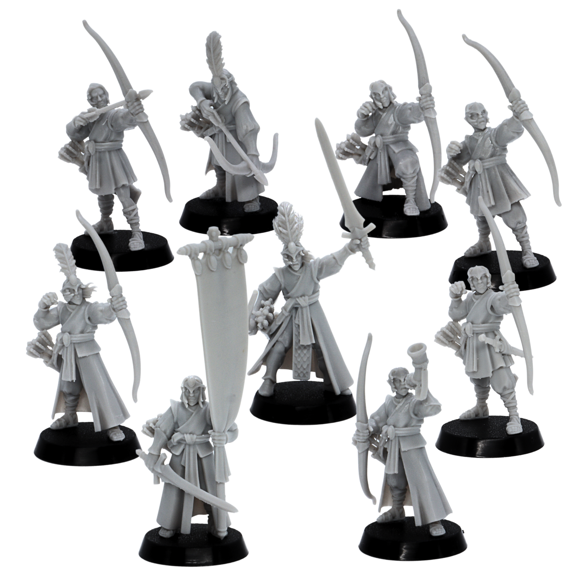 Front view of unpainted Elf Archers miniatures showing longbows, quivers, robes, swords, and feathered helm details.