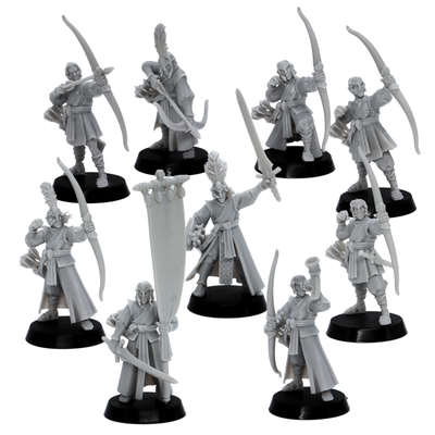 Front view of unpainted Elf Archers miniatures showing longbows, quivers, robes, swords, and feathered helm details.