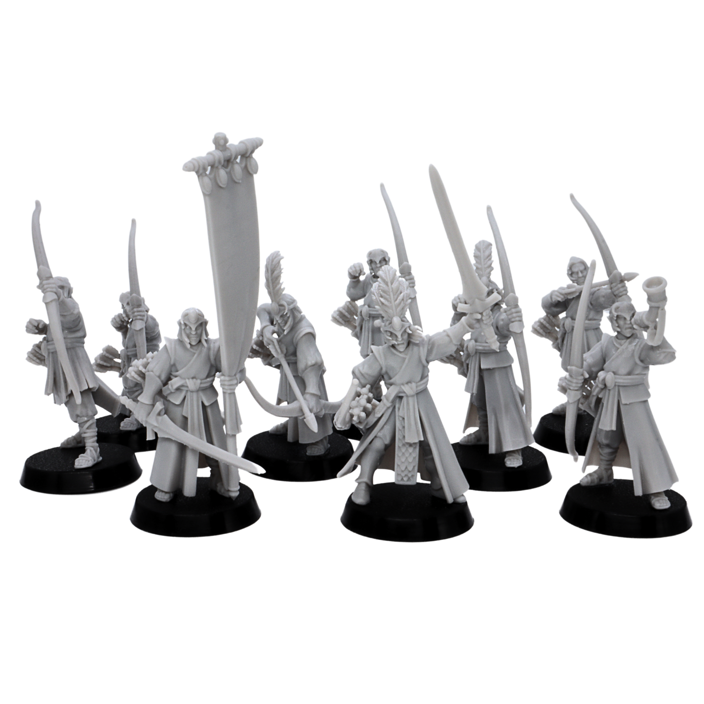 Unpainted Elf Archers group showing nine resin elven archer miniatures with bows, banner, horn, and command poses.