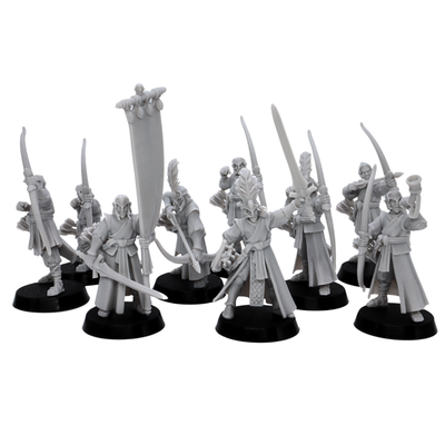 Unpainted Elf Archers group showing nine resin elven archer miniatures with bows, banner, horn, and command poses.