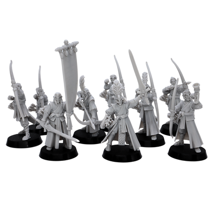 Unpainted Elf Archers group showing nine resin elven archer miniatures with bows, banner, horn, and command poses.