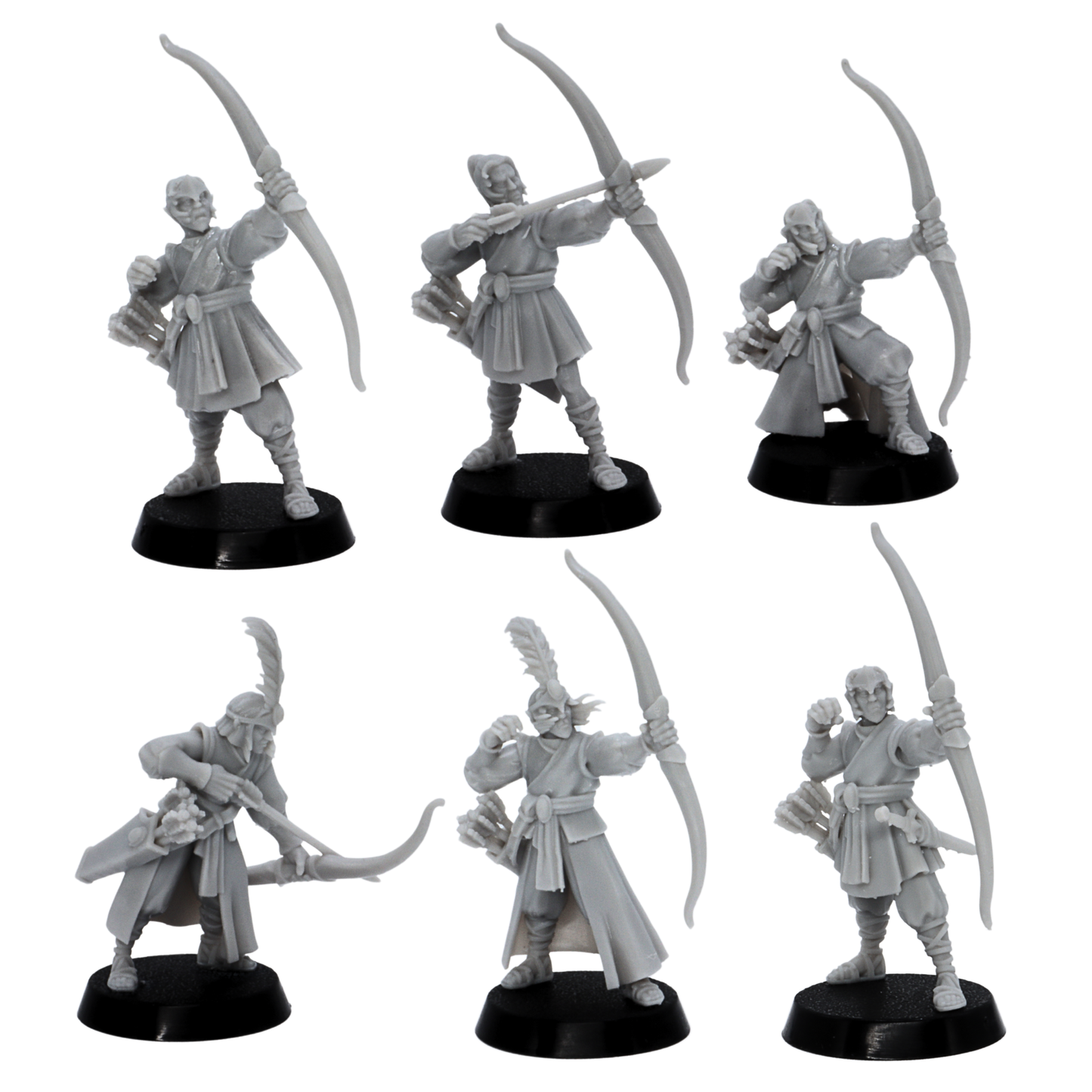 Unpainted Elf Archers individual pose sheet showing bowmen, command figure, and sword-bearing elven warrior miniatures.