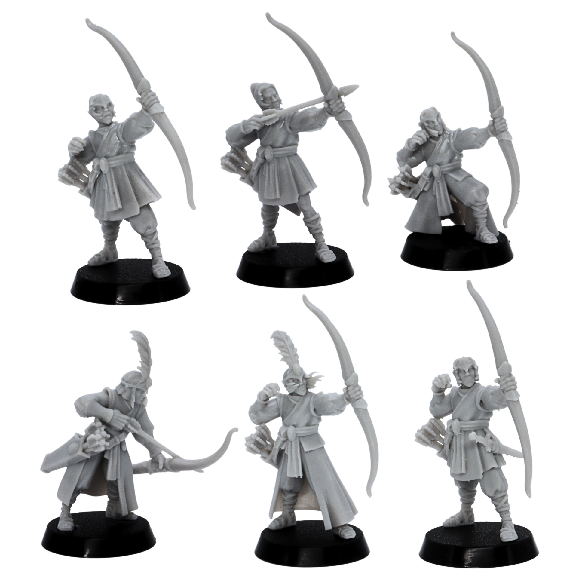 Unpainted Elf Archers individual pose sheet showing bowmen, command figure, and sword-bearing elven warrior miniatures.