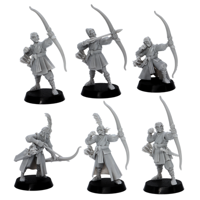 Unpainted Elf Archers individual pose sheet showing bowmen, command figure, and sword-bearing elven warrior miniatures.