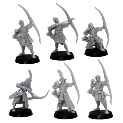 Unpainted Elf Archers individual pose sheet showing bowmen, command figure, and sword-bearing elven warrior miniatures.