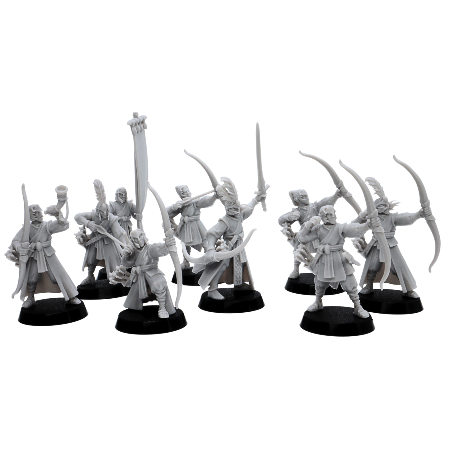 Unpainted Elf Archers lineup showing multiple 32mm scale fantasy archer poses on 25mm round bases.