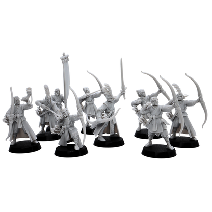 Unpainted Elf Archers lineup showing multiple 32mm scale fantasy archer poses on 25mm round bases.