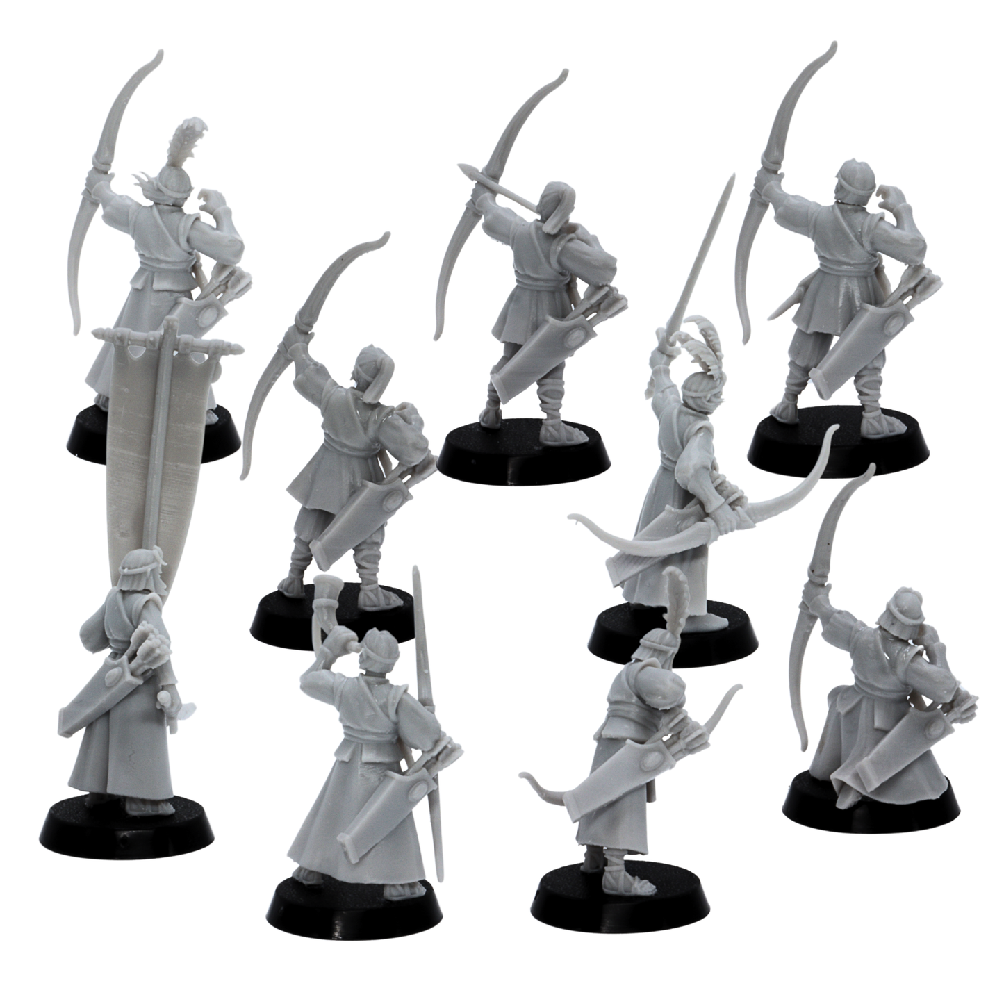 Rear views of unpainted Elf Archers miniatures showing cloaks, quivers, bows, robes, and 25mm round bases.
