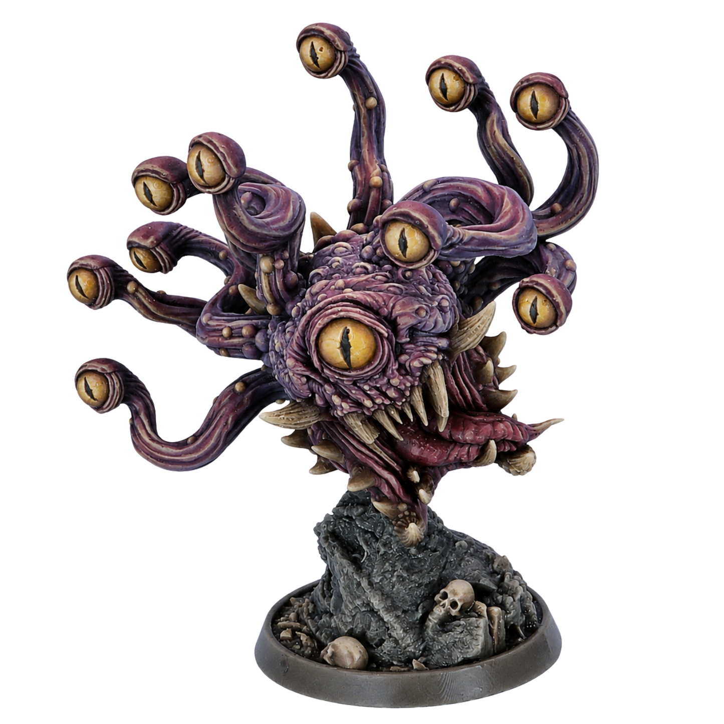 Painted Eye Tyrant miniature by Daybreak Miniatures showing a floating many-eyed aberration on a skull-strewn 40mm base.