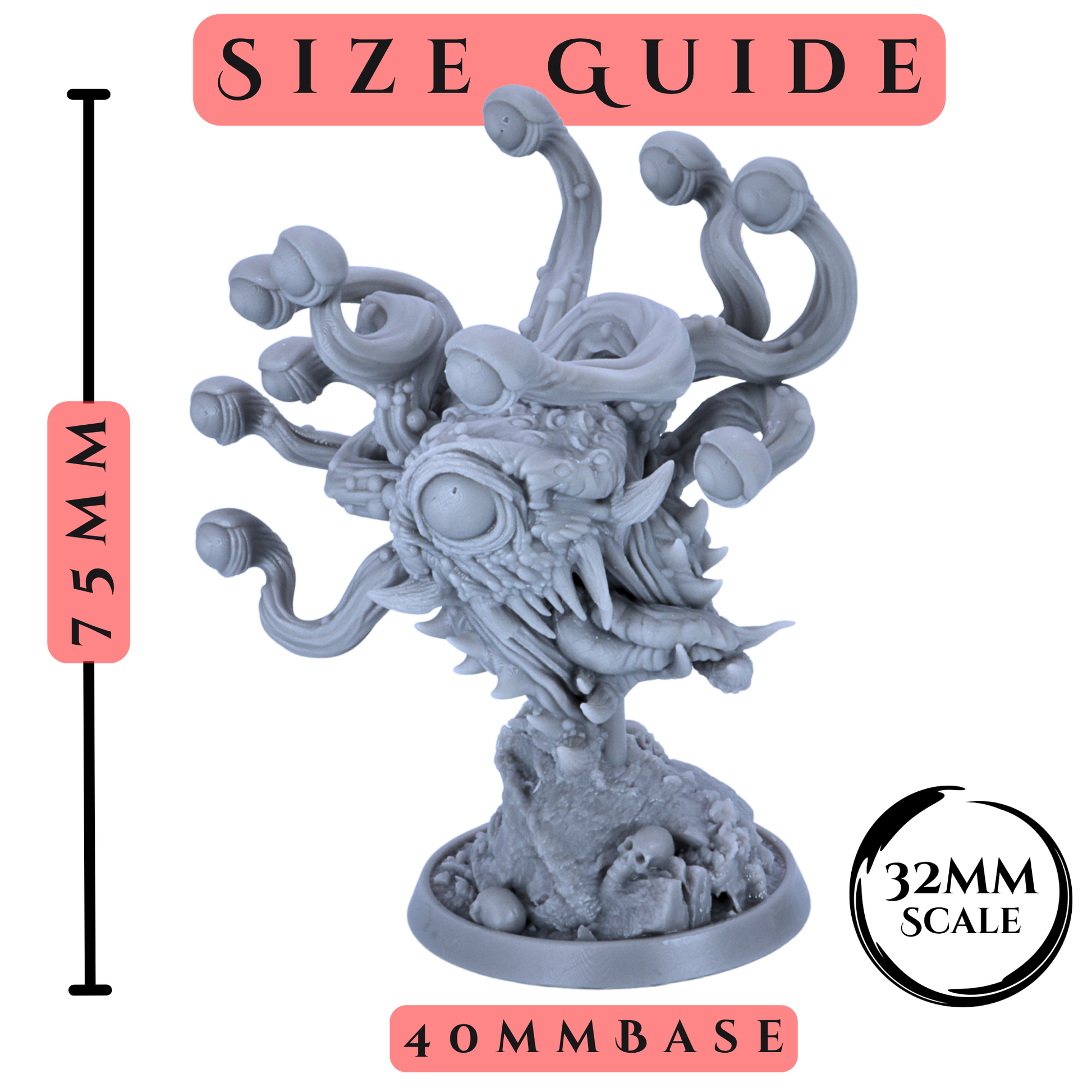 Size guide for Eye Tyrant miniature showing 75mm height, 40mm base, and 32mm scale.
